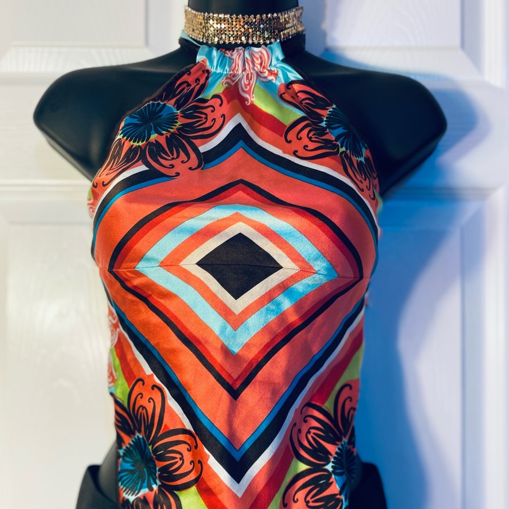 BEBE Floral top, XS, Pink Brown Coral Teal Mix